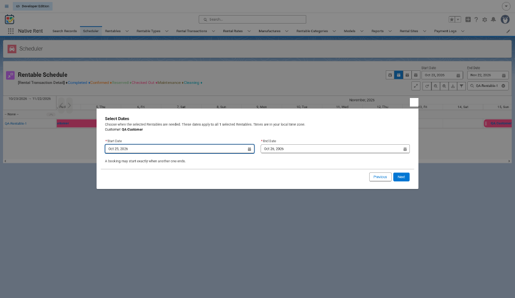 Booking screen with rental start and end dates selected