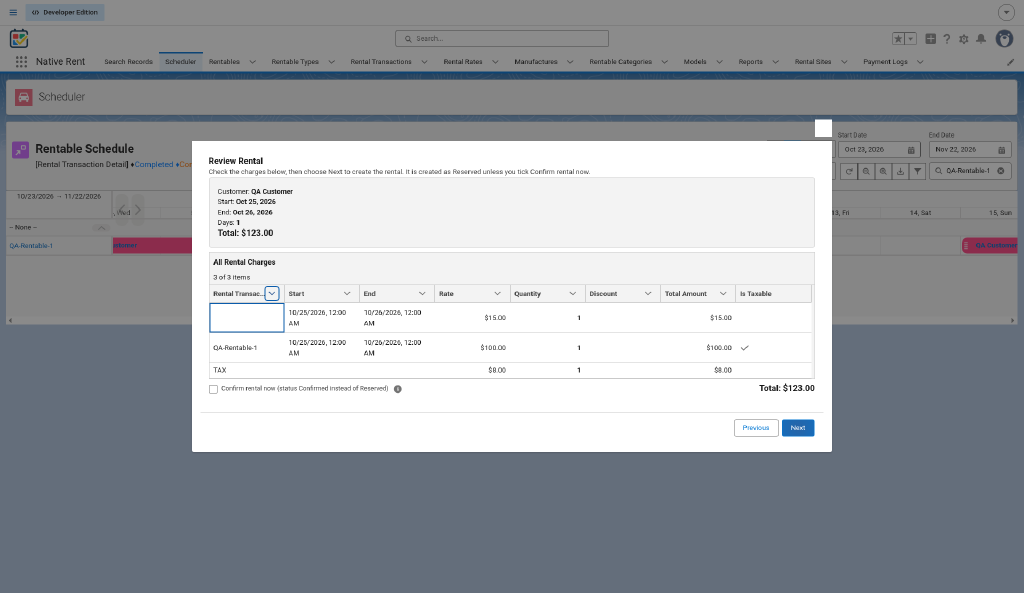 Review Rental summary showing the rental total