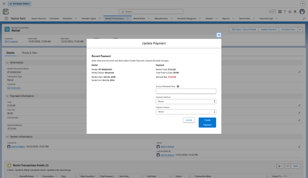 Update Payment screen showing the amount due