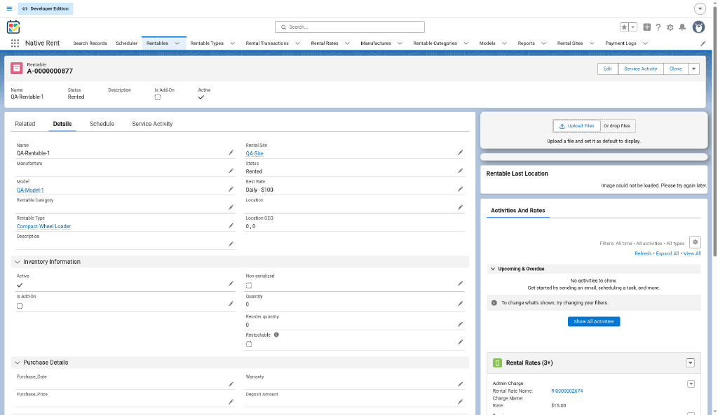 Rentable Details page for QA-Rentable-1 (A-0000000877) in the packaging org