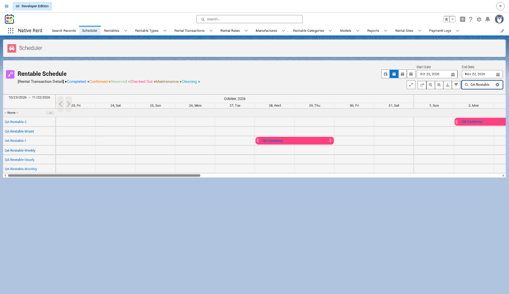 Native Planner Scheduler with Quick Filter on a Rentable